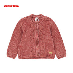 ORCHESTRA CHENILLE-KNIT PINK CARDIGAN WITH EMBROIDERED CROWN