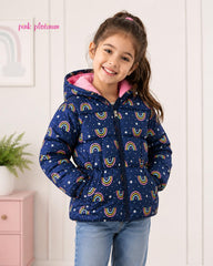 PINK PLATINUM NAVY RAINBOW PRINT HOODED PUFFER JACKET