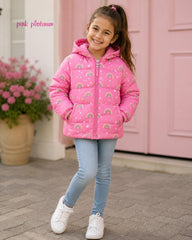 PINK PLATINUM PINK RAINBOW PRINT HOODED PUFFER JACKET