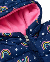 PINK PLATINUM NAVY RAINBOW PRINT HOODED PUFFER JACKET