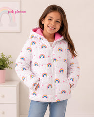 PINK PLATINUM NAVY RAINBOW PRINT HOODED PUFFER JACKET