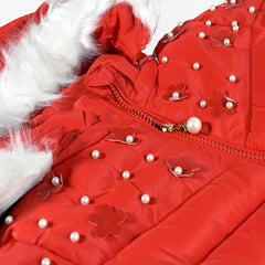 RED FANCY QUILTED PUFFER JACKET WITH HOODIE FOR GIRLS