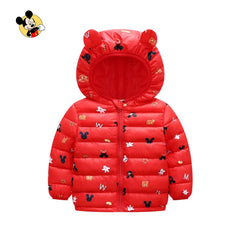 RED MICKEY PRINTED ULTRA LIGHT WEIGHT PUFFER JACKET WITH HOOD
