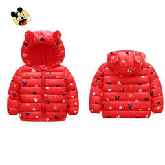 RED MICKEY PRINTED ULTRA LIGHT WEIGHT PUFFER JACKET WITH HOOD