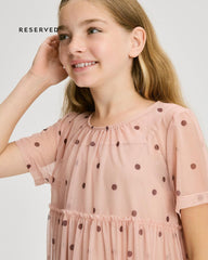 RESERVED BLUSH PINK POLKA DOT MESH TIERED DRESS