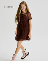 RESRVED BURGUNDY SHEER MESH TIERED DRESS
