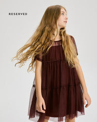 RESRVED BURGUNDY SHEER MESH TIERED DRESS