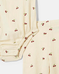 RIKIKI ECRU CRINKLED COTTON PRINTED ROMPER SET