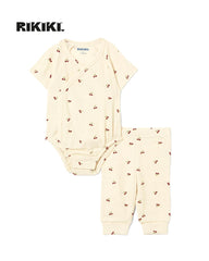 RIKIKI ECRU CRINKLED COTTON PRINTED ROMPER SET