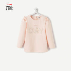 TAO PINK ORGANIC COTTON T-SHIRT WITH HAPPY DAY EMBOSSED