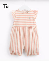 TU BABY PINK STRIPED FRILL SLEEVE ROMPER