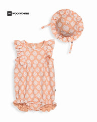 WOOLSWORTH ORANGE FLORAL 2 PCS ROMPER HAT SET
