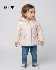 YAMP OFF WHITE HEART QUILTED FAUX FUR HOODED JACKET