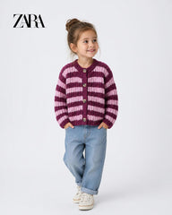 ZARA BERRY PINK CHUNKY KNIT STRIPED CARDIGAN