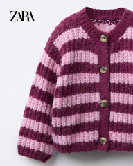 ZARA BERRY PINK CHUNKY KNIT STRIPED CARDIGAN