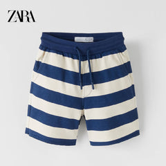 ZARA BLUE STRIPED PLUSH JERSEY BERMUDA SHORTS
