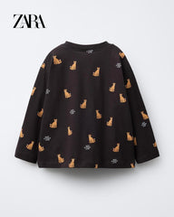 ZARA CHOCOLATE BROWN ANIMAL PRINTED LONG SLEEVE T-SHIRT