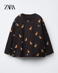 ZARA CHOCOLATE BROWN ANIMAL PRINTED LONG SLEEVE T-SHIRT