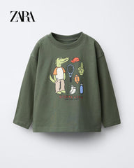 ZARA GREEN SPORTS CREW LONG SLEEVE T-SHIRT