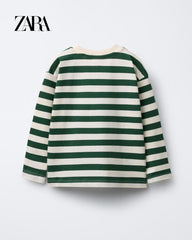 ZARA GREEN STRIPE PRINT LONG SLEEVE T-SHIRT