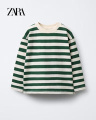 ZARA GREEN STRIPE PRINT LONG SLEEVE T-SHIRT