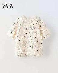 ZARA OFF WHITE SEQUIN & FEATHER BLOUSE