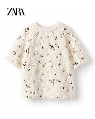 ZARA OFF WHITE SEQUIN & FEATHER BLOUSE