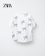 ZARA OYSTER WHITE BOW PRINTED T-SHIRT