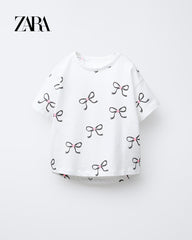 ZARA OYSTER WHITE BOW PRINTED T-SHIRT