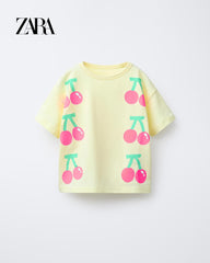 ZARA PASTEL YELLOW CHERRY PRINTED T-SHIRT