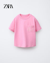 ZARA PINK EMBROIDERED POCKET T-SHIRT