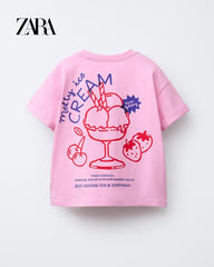 ZARA PINK ROLLED UP SLEEVE PRINTED T-SHIRT