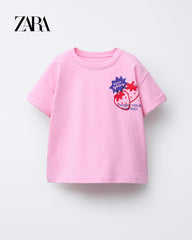 ZARA PINK ROLLED UP SLEEVE PRINTED T-SHIRT