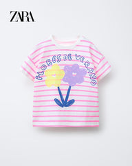 ZARA PINK STRIPED FLORES T-SHIRT