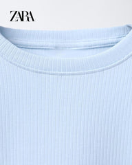 ZARA SKY BLUE RIBBED LONG SLEEVE T-SHIRT