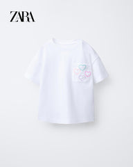 ZARA WHITE EMBROIDERED POCKET T-SHIRT