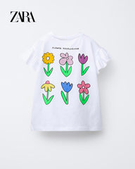 ZARA WHITE FLOWER COLLECTOR PRINTED RUFFLE T-SHIRT