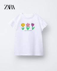 ZARA WHITE FLOWER COLLECTOR PRINTED RUFFLE T-SHIRT