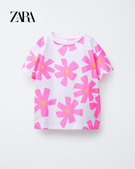 ZARA WHITE PINK FLOWERS PRINT T-SHIRT