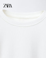 ZARA WHITE RIBBED LONG SLEEVE T-SHIRT