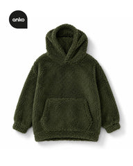 ANKO OLIVE GREEN TEDDY FLEECE PULLOVER HOODIE