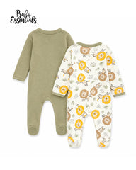 BABY ESSENTIALS 2 SAGE GREEN 2 PACK LION PRINT RIBBED ZIP SLEEPSUITS