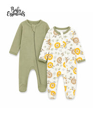 BABY ESSENTIALS 2 SAGE GREEN 2 PACK LION PRINT RIBBED ZIP SLEEPSUITS
