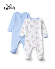 BABY ESSENTIALS BLUE 2 PACK ELEPHANT PRINT RIBBED ZIP SLEEPSUITS