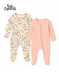 BABY ESSENTIALS PEACH 2 PACK FLORAL ZIP SLEEPSUITS