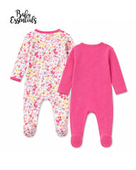 BABY ESSENTIALS PINK 2 PACK FLORAL AND RIBBED ZIP SLEEPSUITS