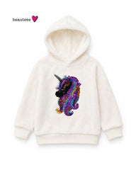 BEAUTEES IVORY SEQUIN UNICORN PLUSH FLEECE HOODIE