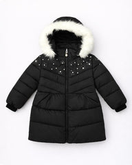 BLACK FANCY QUILTED PUFFER JACKET WITH HOODIE FOR GIRLS