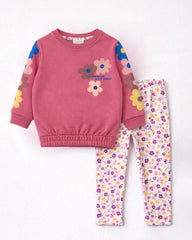 BRANDED FLORAL PRINT SWEATSHIRT WITH RIBBED LEGGING SET