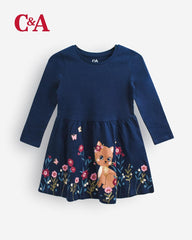 C&A NAVY LONG SLEEVE PRINTED JERSEY DRESS
